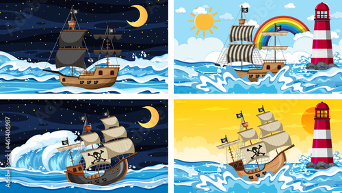 Set of different beach scenes with pirate ship