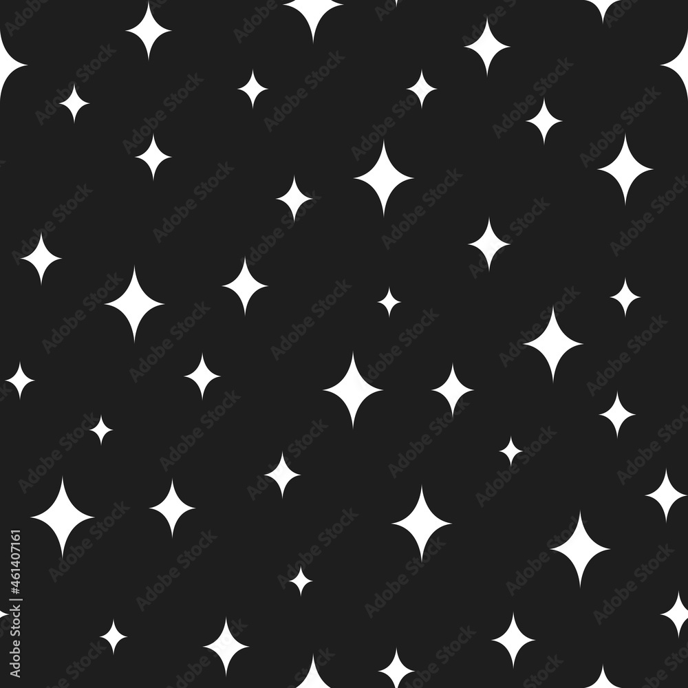 Fototapeta premium Seamless cute pattern with black stars or sparkles on black background.