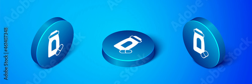 Isometric Sedative pills icon isolated on blue background. Blue circle button. Vector