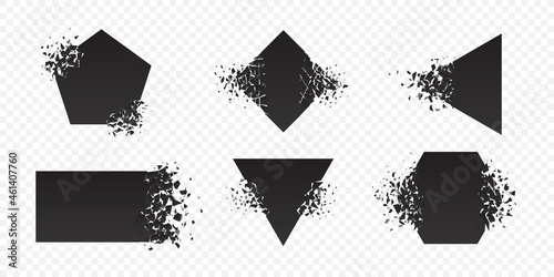 Shape explosion broken and shattered flat style design vector illustration set isolated on transparent background. Rhombus, hexagon, triangle, pentagon, rectangle shape grayscale exploding demolition.