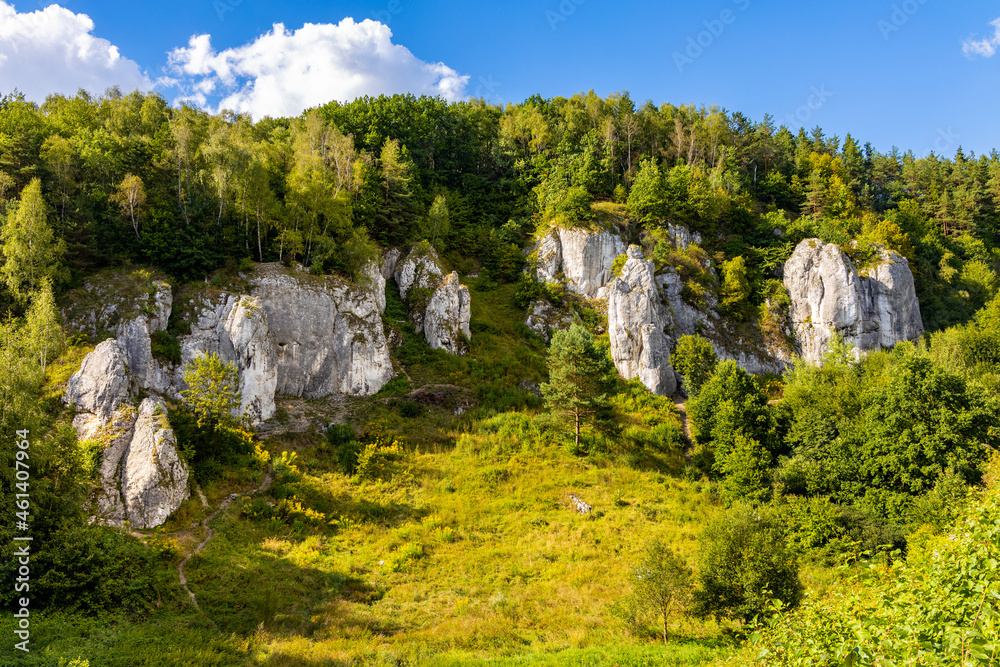 Turnia Marcinkiewicza, Garaz, Mala Plyta and other limestone rocks in Kobylanska Valley within Jura Krakowsko-Czestochowska upland near Cracow in Lesser Poland Turnia Marcinkiewicza, Garaz, Mala Plyta and other limestone rocks in Kobylanska Valley within Jura Krakowsko-Czestochowska upland near Cracow in Lesser Poland