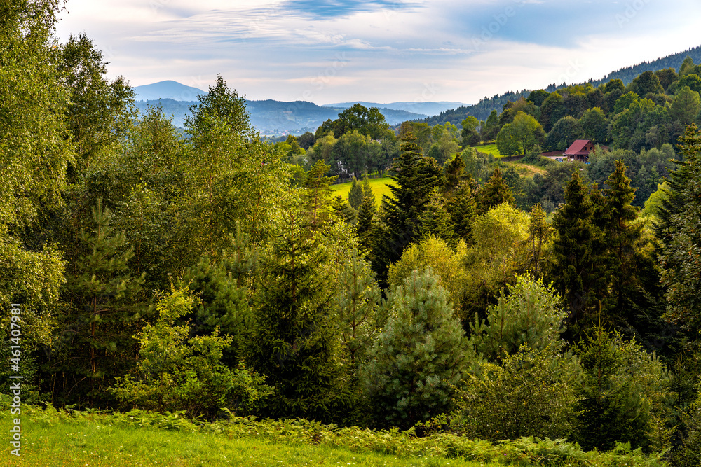 Panoramic view of Beskidy Mountains seen from path to Potrojna peak from Targanice village on northern slope of Little Beskids in Lesser Poland Panoramic view of Beskidy Mountains seen from path to Potrojna peak from Targanice village on northern slope of Little Beskids in Lesser Poland