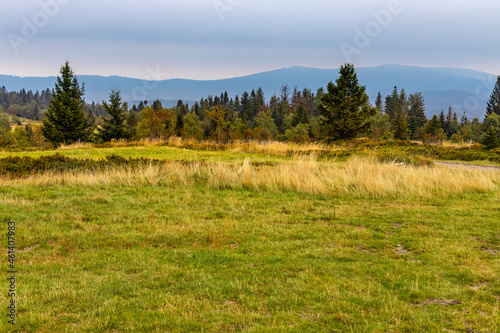 Fototapeta Naklejka Na Ścianę i Meble -  Panoramic view of Beskidy Mountains towards Babia Gora seen from Potrojna peak in Little Beskids in Lesser Poland