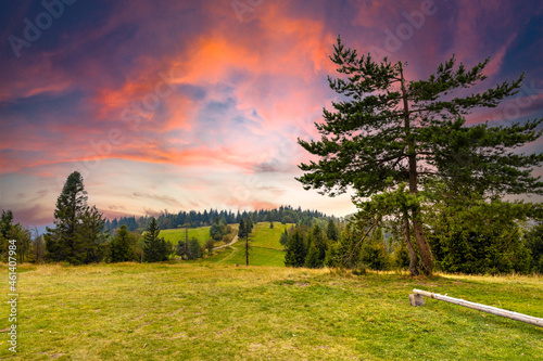 Fototapeta Naklejka Na Ścianę i Meble -  Panoramic view of Beskidy Mountains seen from Potrojna peak in Little Beskids in Lesser Poland