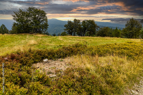 Fototapeta Naklejka Na Ścianę i Meble -  Panoramic view of Beskidy Mountains towards Babia Gora seen from Potrojna peak in Little Beskids in Lesser Poland