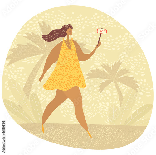 Travel blogger recording video on camera. Vlogger speaking to phone camera for his lifestyle vlog. Influencer makes content for his social media. Vector colored illustration in cartoon style