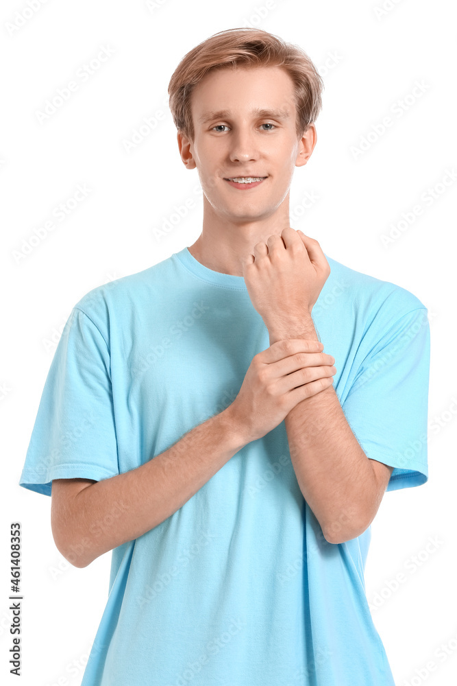 Sporty young man counting pulse on white background Sporty young man counting pulse on white background