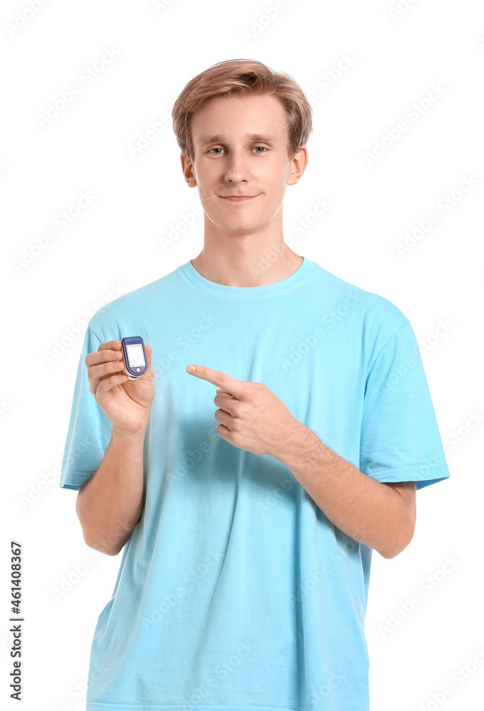 Sporty young man with pulse oximeter on white background Sporty young man with pulse oximeter on white background