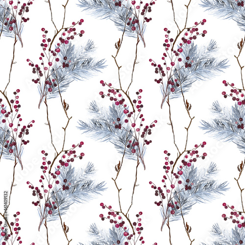 Seamless pattern with pine and dry branches and red berries
