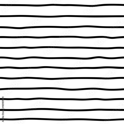 Black and white simple geometric seamless pattern with horizontal lines. Abstract thin black stripes. Free hand drawn uneven streaks, bars. Monochrome background in doodle style. Vector illustration.