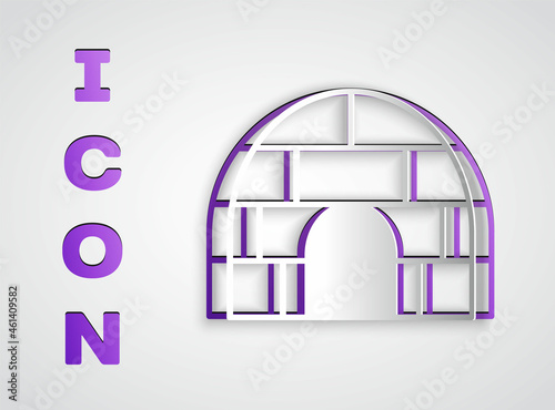 Paper cut Igloo ice house icon isolated on grey background. Snow home, Eskimo dome-shaped hut winter shelter, made of blocks. Paper art style. Vector