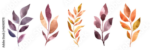 Watercolor set of autumn twigs. Isolated on a white background. Dry leaves. Thanksgiving Day.