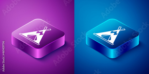 Isometric Traditional indian teepee or wigwam icon isolated on blue and purple background. Indian tent. Square button. Vector