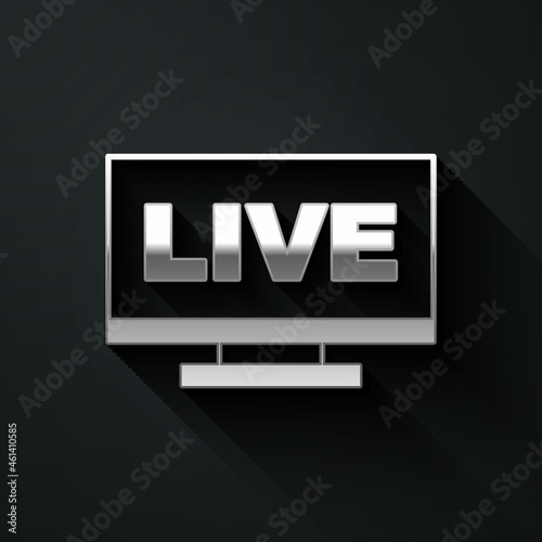 Silver Live streaming online videogame play icon isolated on black background. Long shadow style. Vector