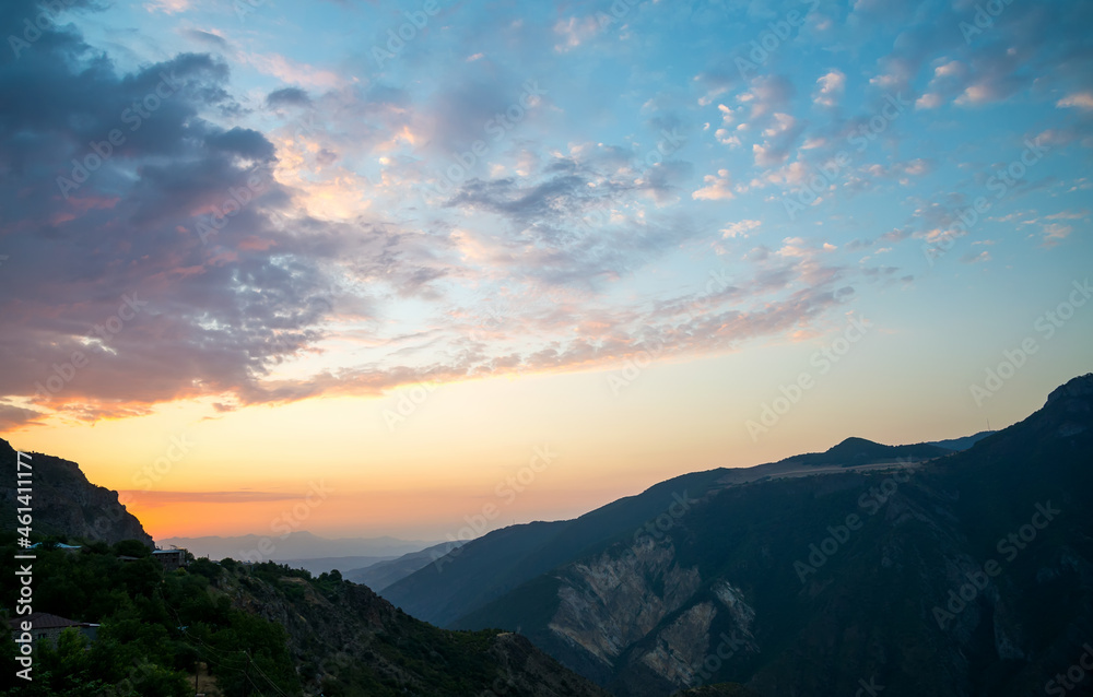 A beautiful dawn over the mountains in Tatev