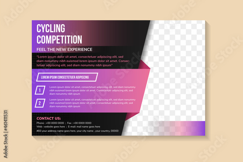 Vector horizontal flyer with space for photo on black background, ad banners use pink. Abstract poster of BMX competitions motocross template for promoting extreme mountain biking with place for text