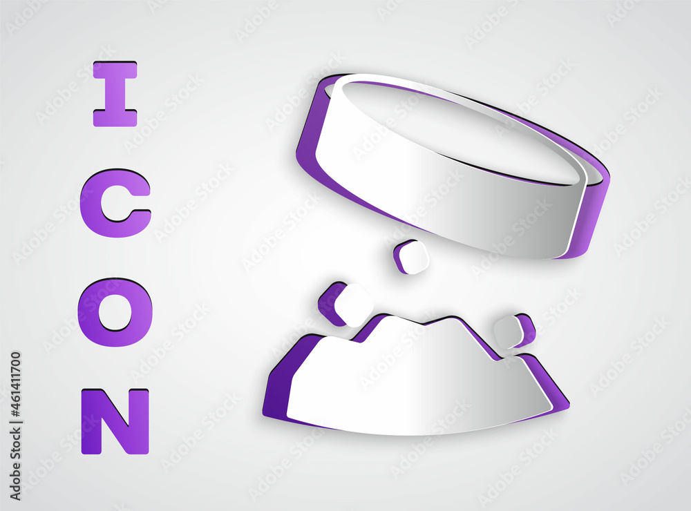 Paper cut Giant magnet holding iron dust icon isolated on grey background. Paper art style. Vector