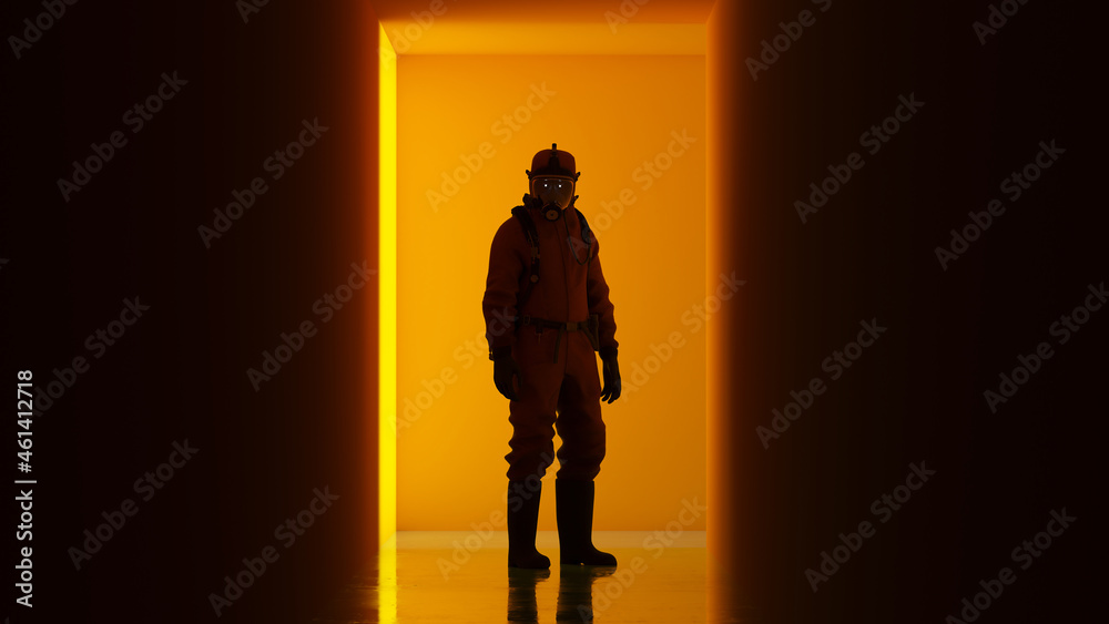 Biohazard Man in a Hazmat Suite in Silhouette Halloween Horror Shadow Simple Pumpkin Orange Corridor with a Polished Floor 3d illustration render	