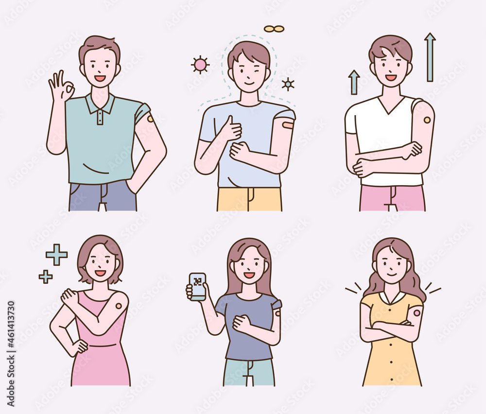 People who have been vaccinated against the epidemic are making a positive gesture. flat design style vector illustration.