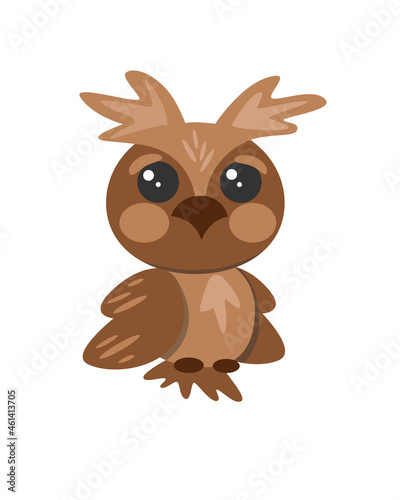 Cute , forest owl, with big and kind eyes. Vector illustration isolated on a white background.