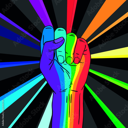 LGBT poster design. Rainbow fist rased up. Gay Pride. LGBTQ concept. Isolated vector colorful illustration. Sticker, patch, t-shirt print, greeting card, banner.