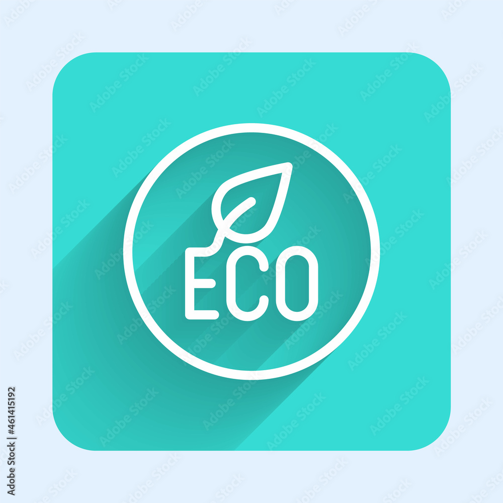 White line Leaf Eco symbol icon isolated with long shadow background. Banner, label, tag, logo, sticker for eco green. Green square button. Vector White line Leaf Eco symbol icon isolated with long shadow background. Banner, label, tag, logo, sticker for eco green. Green square button. Vector
