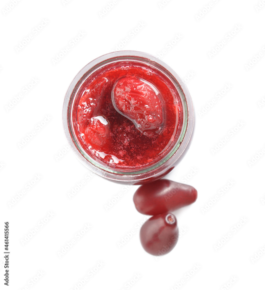 Jar of tasty dogwood jam on white background Jar of tasty dogwood jam on white background