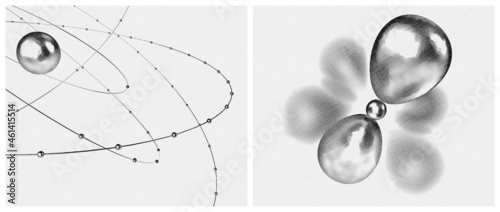 Electron and atom model, quantum mechanics, subatomic structure illustration