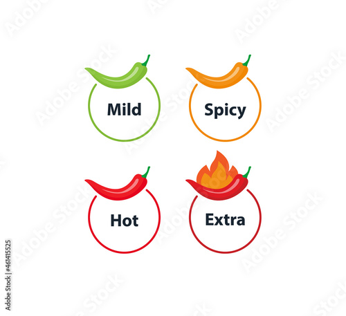 Spicy chili hot pepper level labels. Vector spicy food green mild, medium and red extra hot.