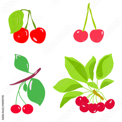 vector cherry set, beautiful cherry berries in flat graphics and cartoon style on a white background, simple illustration of berries