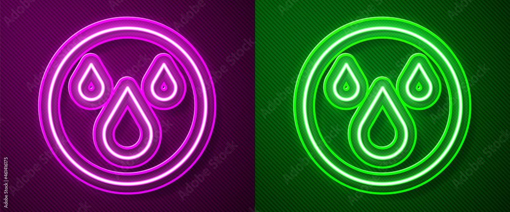 Glowing neon line Water drop icon isolated on purple and green background. Vector Glowing neon line Water drop icon isolated on purple and green background. Vector