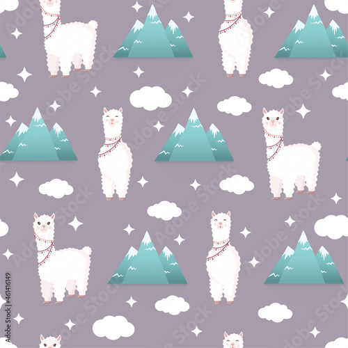 Seamless pattern with llamas and mountains on a purple background. Vector illustration for baby texture, textile, fabric, poster, greeting card, decor. Cute alpaca from Peru. Textures with animals.
