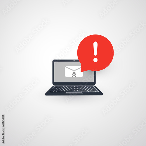 Alert of Infection by E-mail, Laptop Computer Notification, Warning, Important Message or Dangerous Infected Email - Vector Concept Design - Notebook Computer with Speech Bubble and Exclamation Mark