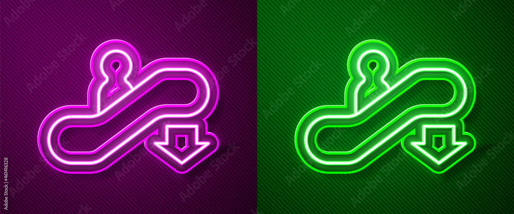 Glowing neon line Escalator down icon isolated on purple and green background. Vector
