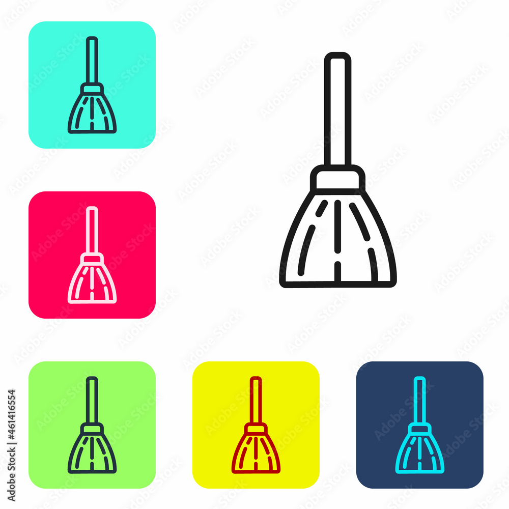 Black line Handle broom icon isolated on white background. Cleaning service concept. Set icons in color square buttons. Vector Black line Handle broom icon isolated on white background. Cleaning service concept. Set icons in color square buttons. Vector