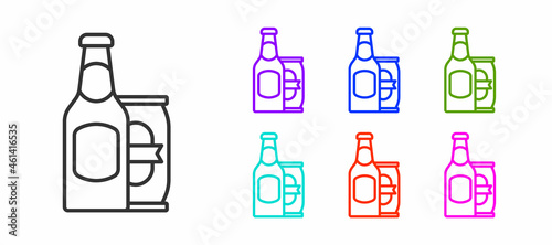 Black line Beer bottle and beer can icon isolated on white background. Set icons colorful. Vector