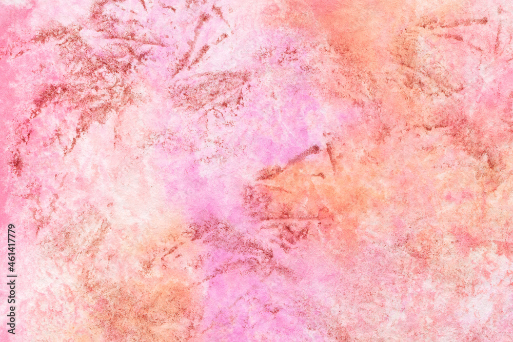 Fototapeta premium Rough multicolored watercolor texture with golden scuffs. Abstract hand-drawn background in pink and yellow colors.
