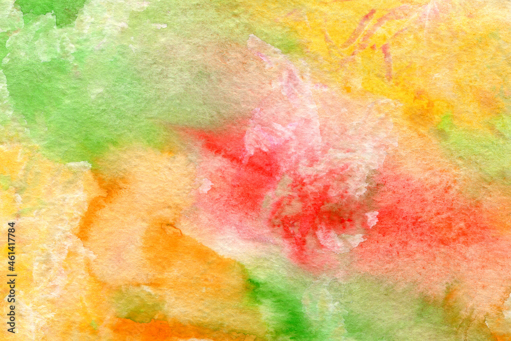 Colorful watercolor texture. Abstract hand-drawn background in vibrant  red, green and yellow colors.
