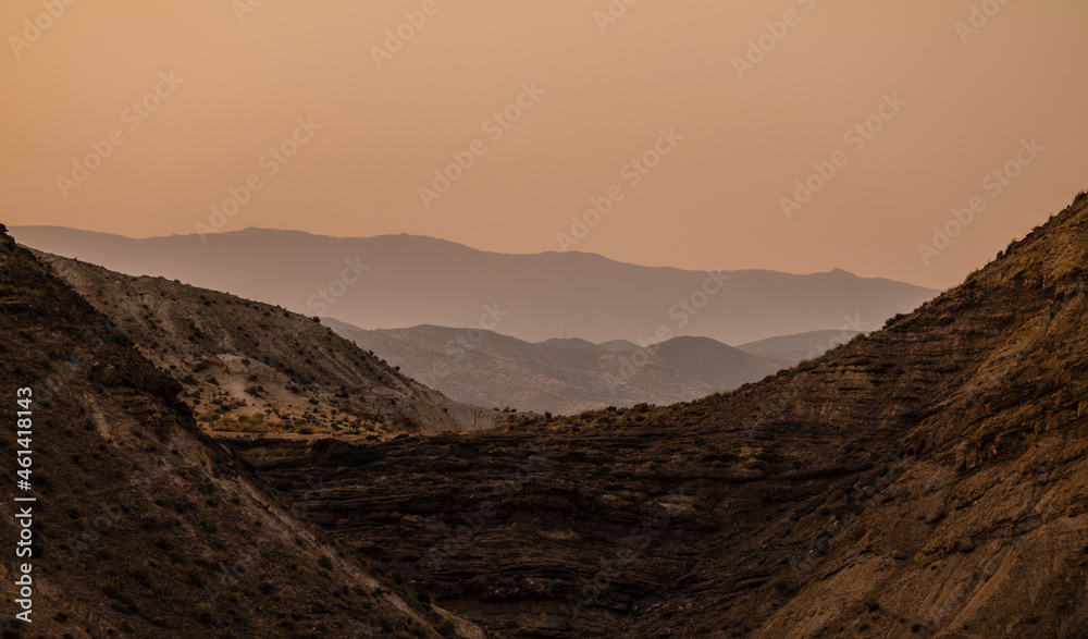 Landscape of Tabernas desert in Almeria, Spain, during sunset