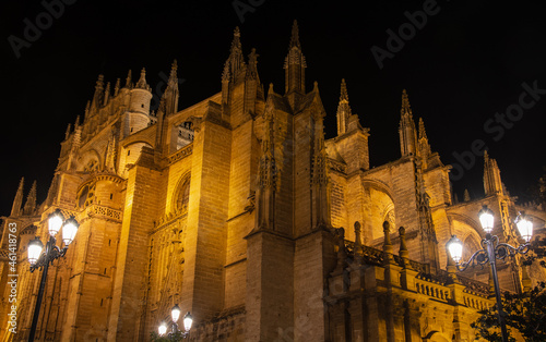 night view on the gothic cathedral of Seville, Spain
