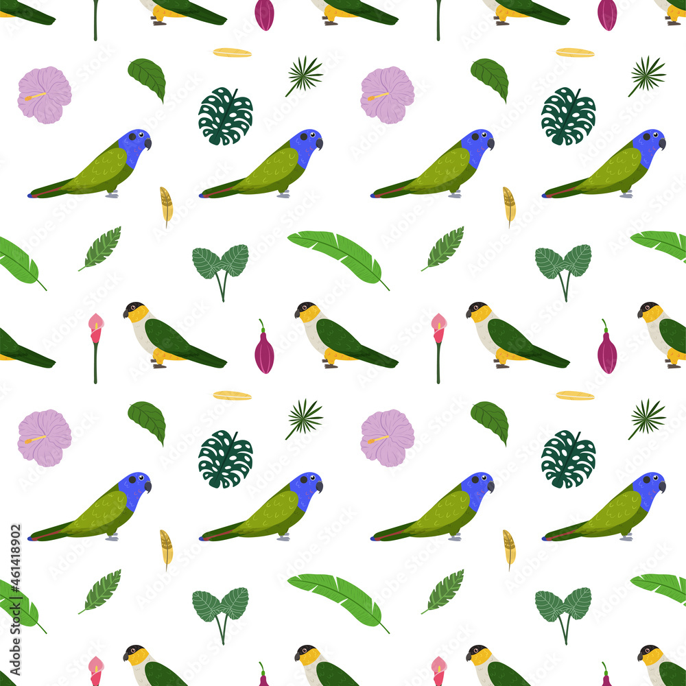 Seamless pattern with parrots pionus, black headed, tropical leaves and flowers. Cute baby print for fabric and textile.