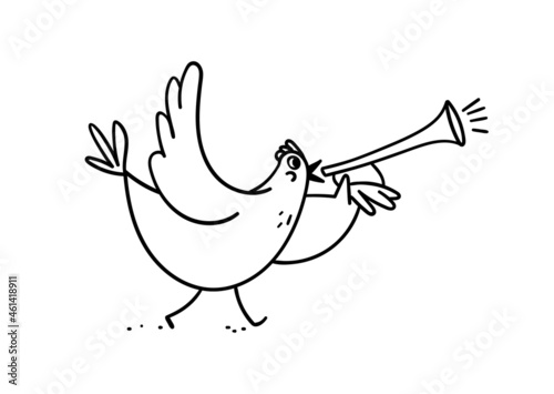 Noisy chicken crows. Doodle hen goes and notifies into the loudspeaker or sings calls vector illustration isolated on white background.