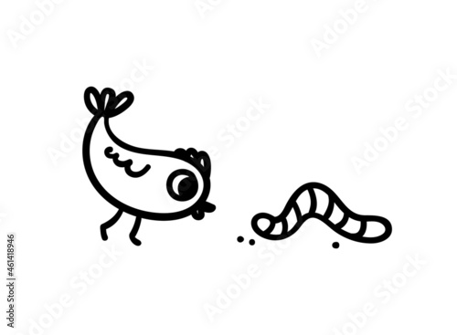 A cute chick watches the crawling worm. Doodle illustration of a bird playing with a worm or wants to eat it. Vector sketch of poultry and feed isolated on white background.