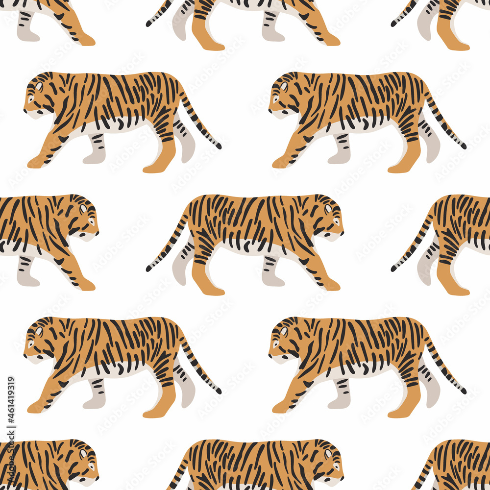 Obraz premium Seamless pattern with tigers. Symbol of new year and christmas 2022. Vector hand drawn illustration. Image on a white background. Suitable for printing on fabric, wallpaper, wrapping paper