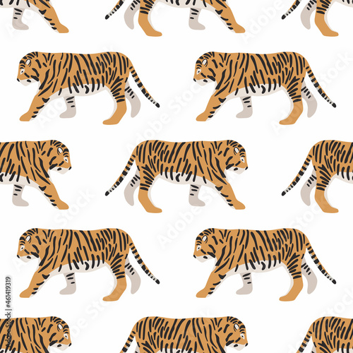 Seamless pattern with tigers. Symbol of new year and christmas 2022. Vector hand drawn illustration. Image on a white background. Suitable for printing on fabric, wallpaper, wrapping paper © SashaShuArt