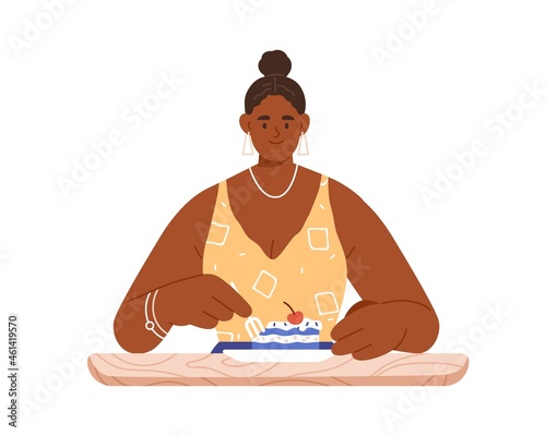 Happy woman eating sweet dessert, tasting piece of sugar cake. Person enjoying tasty food. Female sitting at table with delicious yummy pastry. Flat vector illustration isolated on white background