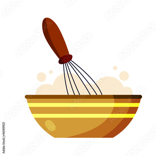 Whisk for cooking. Whipping up food. Kitchen utensils. Tool for blend ingredient in bowl or plate. Production of confectionery and pastries. Flat cartoon