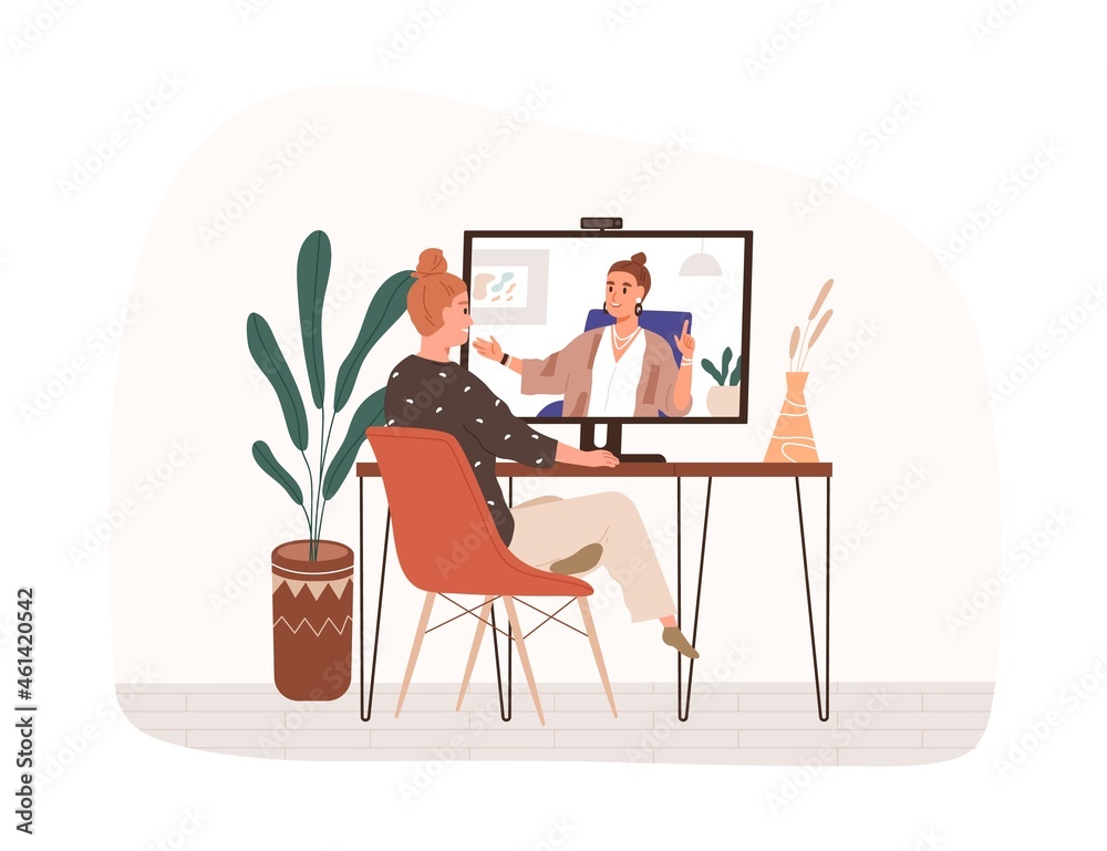 People chatting during online video call. Happy woman sitting by computer and talking to person on screen through internet. Virtual communication concept. Flat vector illustration isolated on white