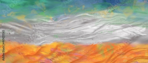 油絵抽象背景）緑と白とオレンジの三層でこぼこテクスチャ ナチュラル ポップ 立体感 アート バナー