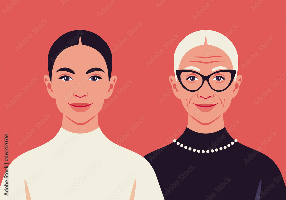 A grandmother and granddaughter. The faces of a young and elderly women. The aging process. Latin American ethnicity. Vector flat Illustration A grandmother and granddaughter. The faces of a young and elderly women. The aging process. Latin American ethnicity. Vector flat Illustration